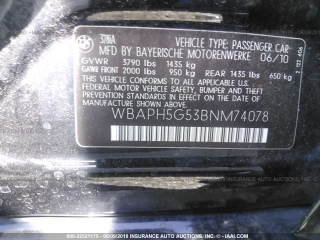 WBAPH5G53BNM74078 - 2011 BMW 328 I SULEV BLACK photo 9