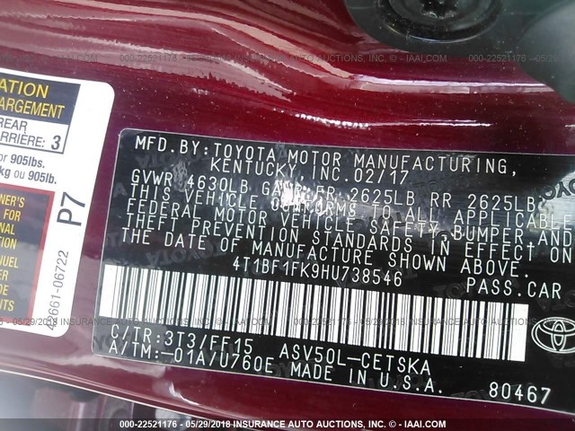 4T1BF1FK9HU738546 - 2017 TOYOTA CAMRY LE/XLE/SE/XSE MAROON photo 9