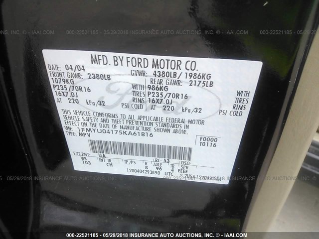 1FMYU04175KA61816 - 2005 FORD ESCAPE LIMITED BLACK photo 9