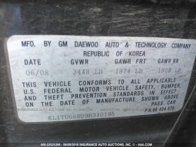 KL1TD66E09B310195 - 2009 CHEVROLET AVEO LS/LT 黑色 照片 9