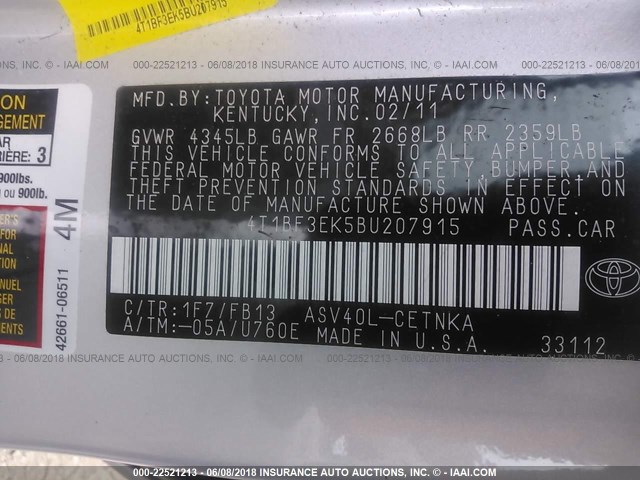 4T1BF3EK5BU207915 - 2011 TOYOTA CAMRY SE/LE/XLE SILVER photo 9