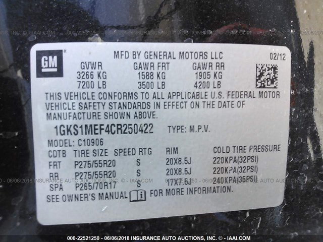 1GKS1MEF4CR250422 - 2012 GMC YUKON XL DENALI BLACK photo 9