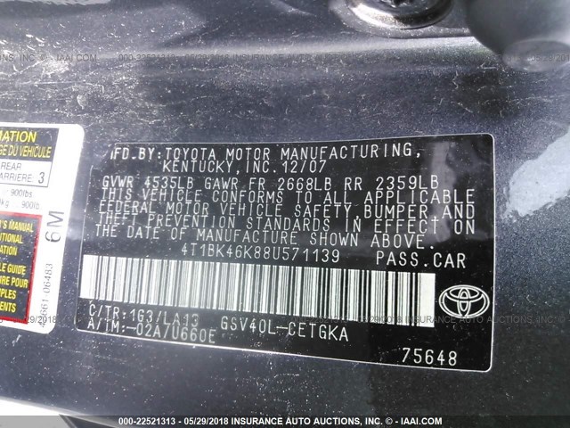 4T1BK46K88U571139 - 2008 TOYOTA CAMRY LE/XLE/SE 银色 照片 9