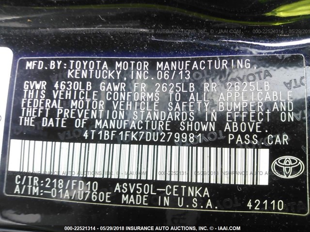 4T1BF1FK7DU279981 - 2013 TOYOTA CAMRY L/SE/LE/XLE 黑色 照片 9