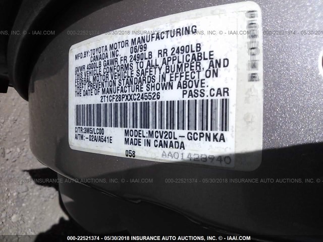 2T1CF28PXXC245526 - 1999 TOYOTA CAMRY SOLARA SE/SLE SILVER photo 9