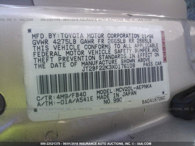 JT2BF22K3X0176108 - 1999 TOYOTA CAMRY LE/XLE GOLD photo 9