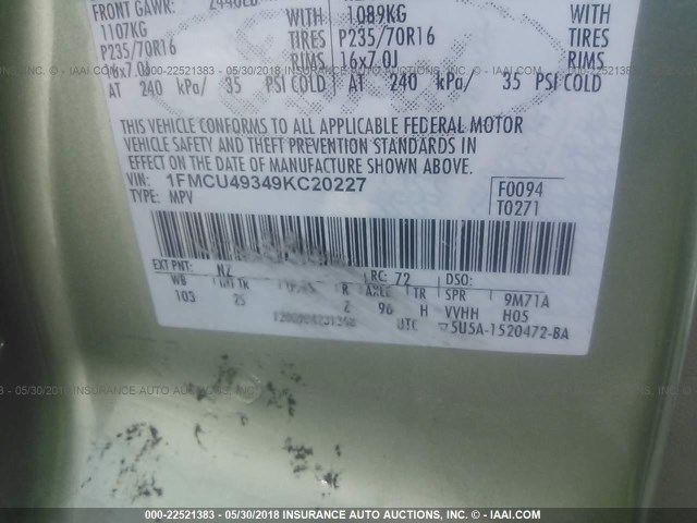 1FMCU49349KC20227 - 2009 FORD ESCAPE HYBRID WHITE photo 9