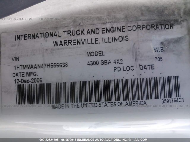 1HTMMAAN47H556638 - 2007 INTERNATIONAL 4300 4300 WHITE photo 10