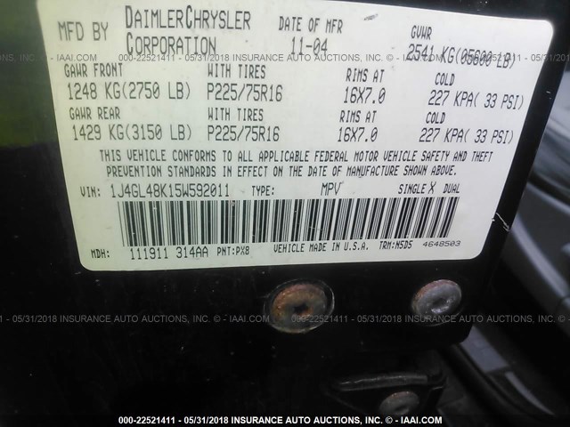 1J4GL48K15W592011 - 2005 JEEP LIBERTY SPORT 黑色 照片 9