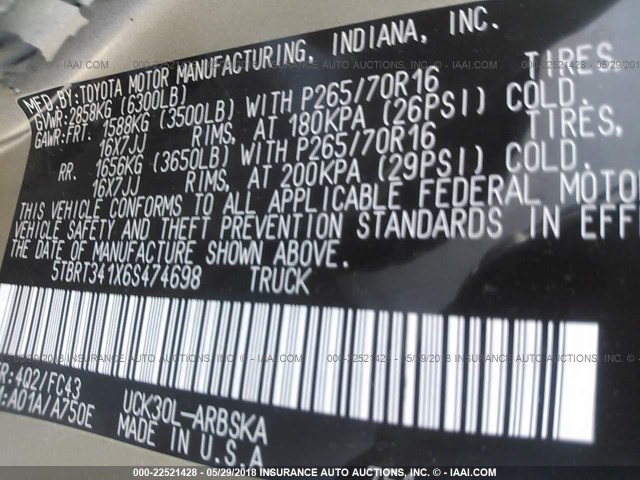 5TBRT341X6S474698 - 2006 TOYOTA TUNDRA ACCESS CAB SR5 TAN photo 9