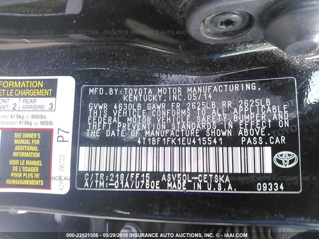 4T1BF1FK1EU415541 - 2014 TOYOTA CAMRY L/SE/LE/XLE 黑色 照片 9