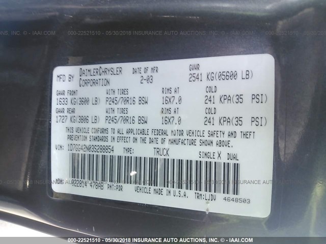 1D7GG42N03S288854 - 2003 DODGE DAKOTA SLT GRAY photo 9