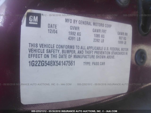 1G2ZG548X54147561 - 2005 PONTIAC G6 MAROON photo 9