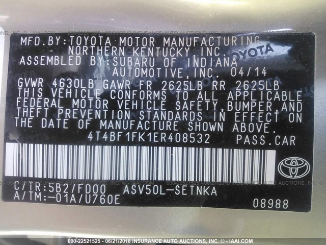 4T4BF1FK1ER408532 - 2014 TOYOTA CAMRY L/SE/LE/XLE 棕色 照片 9