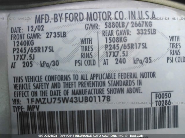 1FMZU75W43UB01178 - 2003 FORD EXPLORER LIMITED 灰色 照片 9