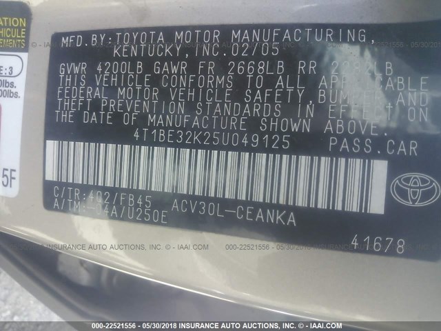 4T1BE32K25U049125 - 2005 TOYOTA CAMRY LE/XLE/SE 金色 照片 9