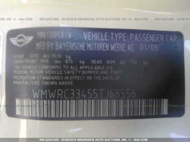 WMWRC33455TJ68556 - 2005 MINI COOPER WHITE photo 9