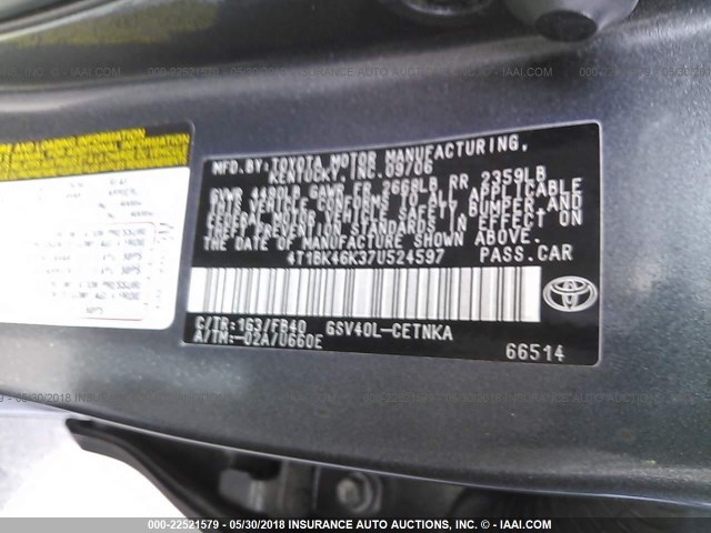 4T1BK46K37U524597 - 2007 TOYOTA CAMRY NEW GENERAT LE/XLE/SE GRAY photo 9