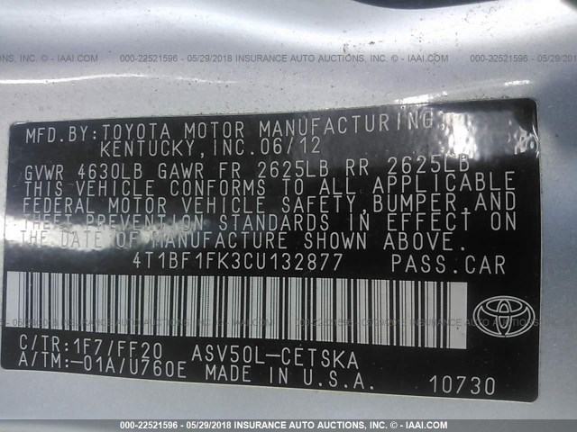 4T1BF1FK3CU132877 - 2012 TOYOTA CAMRY SE/LE/XLE 银色 照片 9