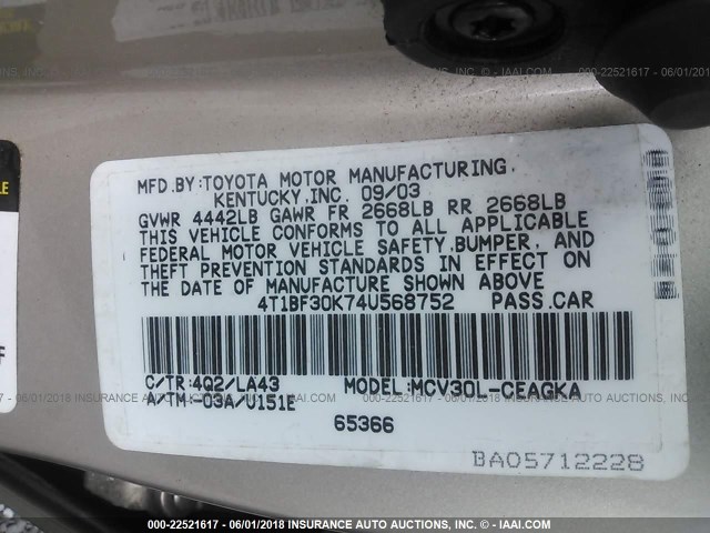 4T1BF30K74U568752 - 2004 TOYOTA CAMRY LE/XLE/SE 金色 照片 9