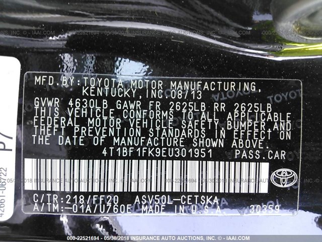 4T1BF1FK9EU301951 - 2014 TOYOTA CAMRY L/SE/LE/XLE შავი ფოტო 9