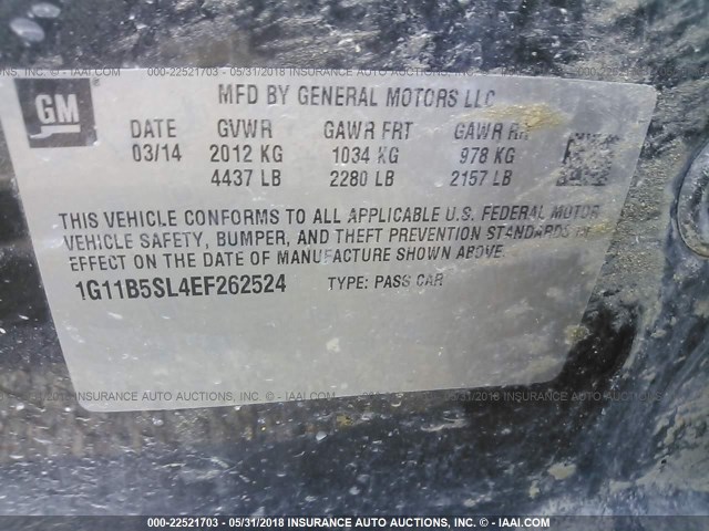 1G11B5SL4EF262524 - 2014 CHEVROLET MALIBU LS ნაცრისფერი ფოტო 9