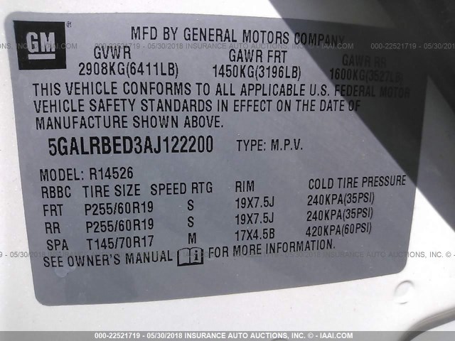 5GALRBED3AJ122200 - 2010 BUICK ENCLAVE CXL თეთრი ფოტო 9