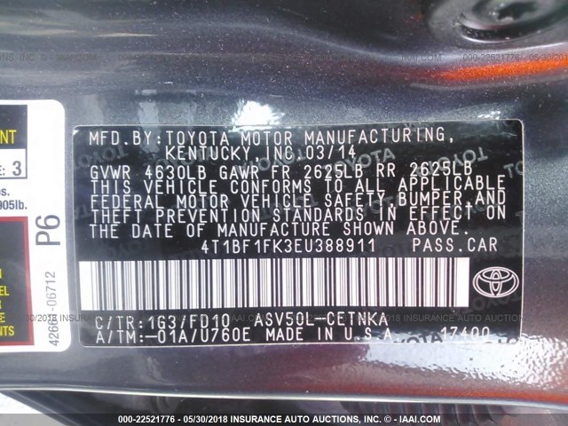 4T1BF1FK3EU388911 - 2014 TOYOTA CAMRY L/SE/LE/XLE 灰色 照片 9