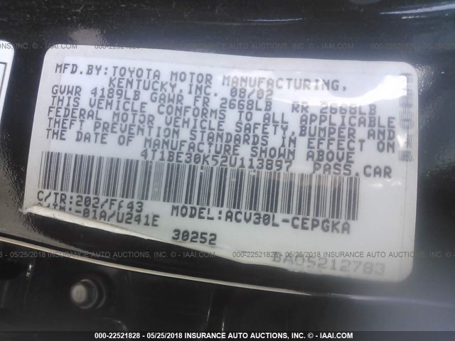 4T1BE30K52U113897 - 2002 TOYOTA CAMRY LE/XLE/SE შავი ფოტო 9