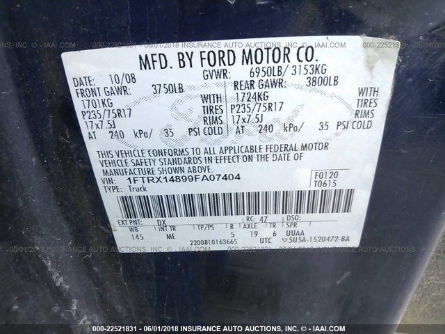 1FTRX14899FA07404 - 2009 FORD F150 SUPER CAB BLUE photo 9