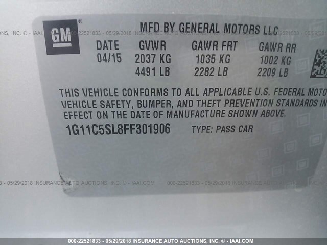 1G11C5SL8FF301906 - 2015 CHEVROLET MALIBU 1LT 银色 照片 9