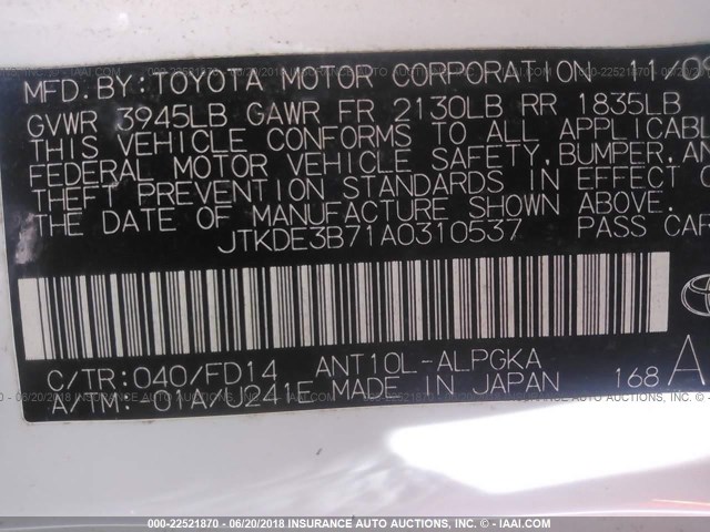 JTKDE3B71A0310537 - 2010 TOYOTA SCION TC 白色 照片 9