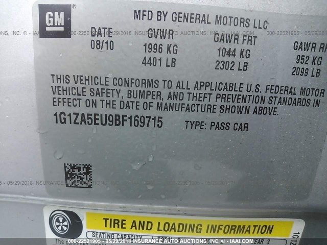 1G1ZA5EU9BF169715 - 2011 CHEVROLET MALIBU LS 银色 照片 9