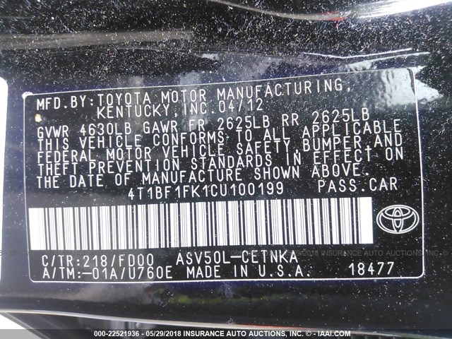 4T1BF1FK1CU100199 - 2012 TOYOTA CAMRY SE/LE/XLE BLACK photo 9