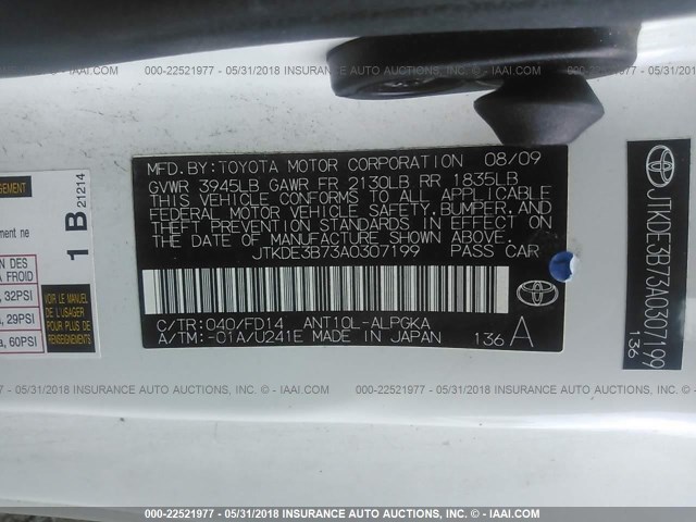 JTKDE3B73A0307199 - 2010 TOYOTA SCION TC 白色 照片 9