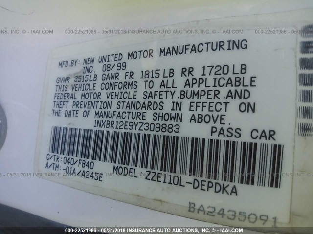 1NXBR12E9YZ309883 - 2000 TOYOTA COROLLA VE/CE/LE 白色 照片 9