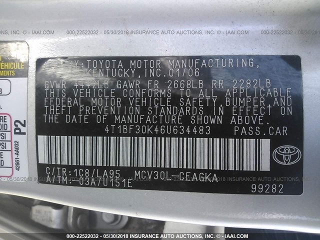 4T1BF30K46U634483 - 2006 TOYOTA CAMRY LE/XLE/SE SILVER photo 9