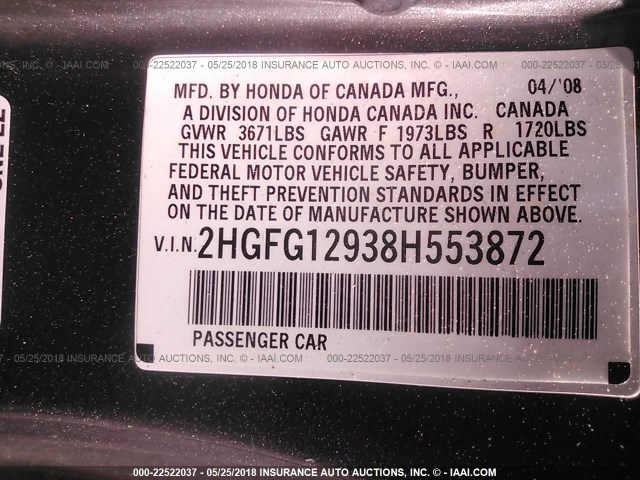 2HGFG12938H553872 - 2008 HONDA CIVIC EXL ნაცრისფერი ფოტო 9