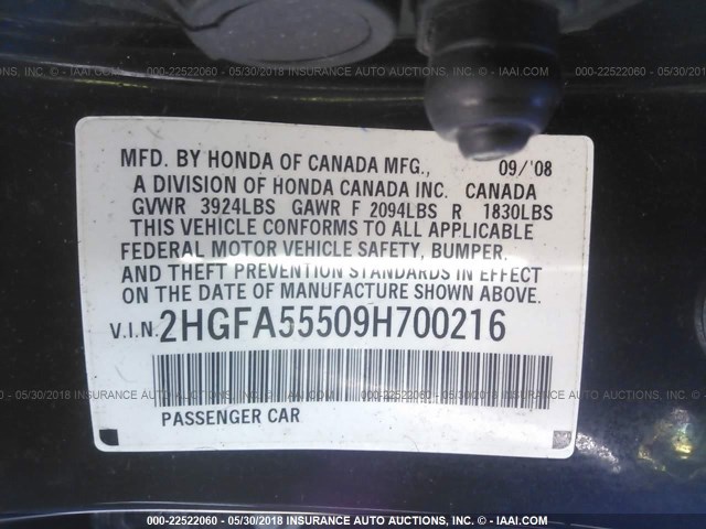 2HGFA55509H700216 - 2009 HONDA CIVIC SI BLACK photo 9