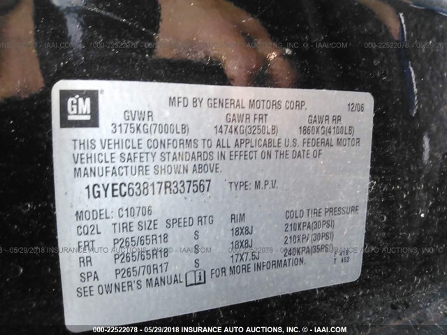 1GYEC63817R337567 - 2007 CADILLAC ESCALADE LUXURY შავი ფოტო 9