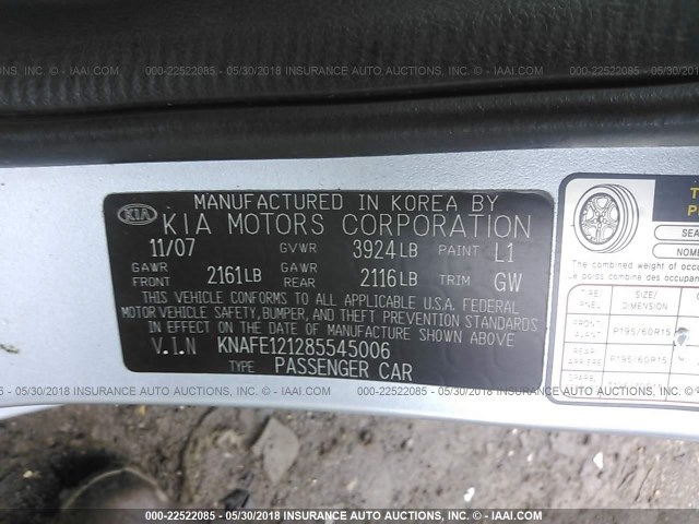 KNAFE121285545006 - 2008 KIA SPECTRA EX/LX/SX Light Blue photo 9