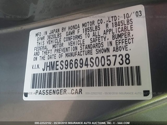 JHMES96694S005738 - 2004 HONDA CIVIC HYBRID GRAY photo 9