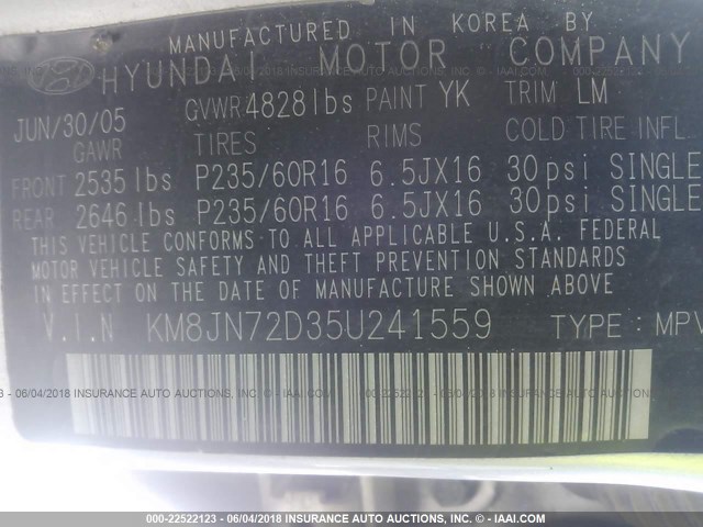 KM8JN72D35U241559 - 2005 HYUNDAI TUCSON GLS/LX SILVER photo 9