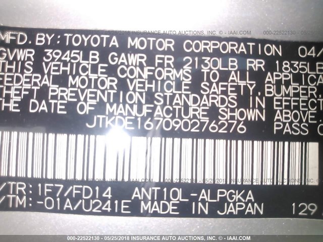 JTKDE167090276276 - 2009 TOYOTA SCION TC 银色 照片 9