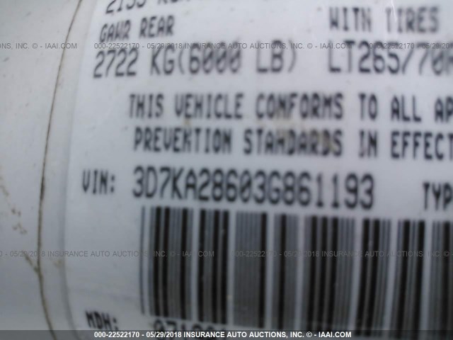 3D7KA28603G861193 - 2003 DODGE RAM 2500 ST/SLT 白色 照片 9