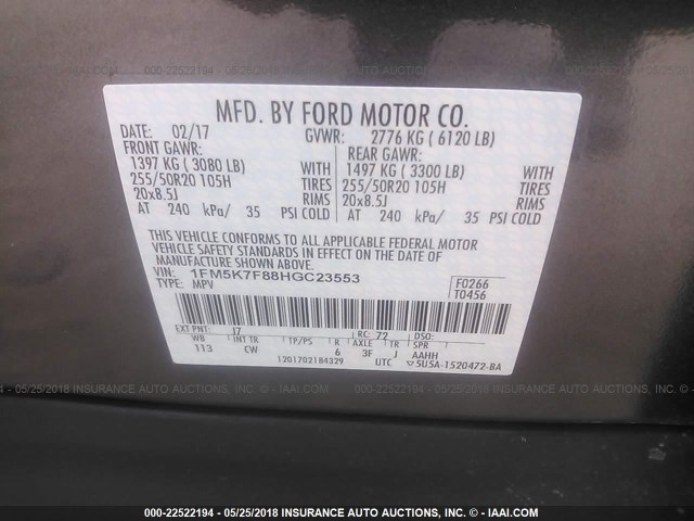 1FM5K7F88HGC23553 - 2017 FORD EXPLORER LIMITED 灰色 照片 9