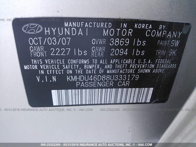 KMHDU46D88U333179 - 2008 HYUNDAI ELANTRA GLS/SE/LIMITED GOLD photo 9