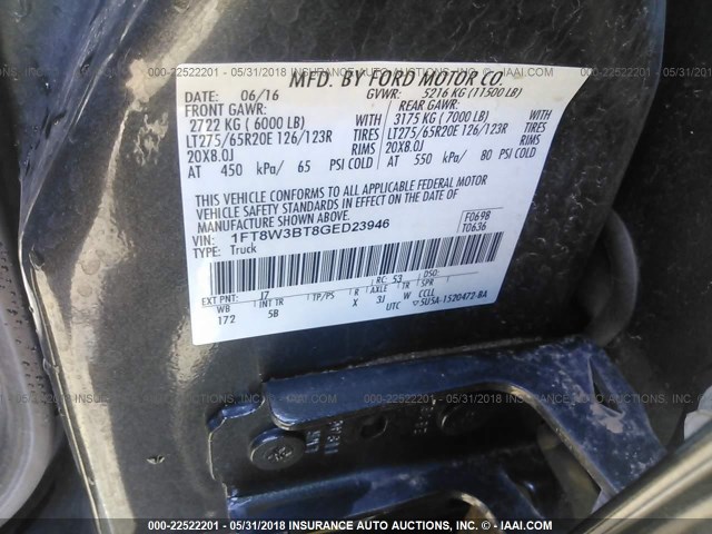 1FT8W3BT8GED23946 - 2016 FORD F350 SUPER DUTY GRAY photo 10