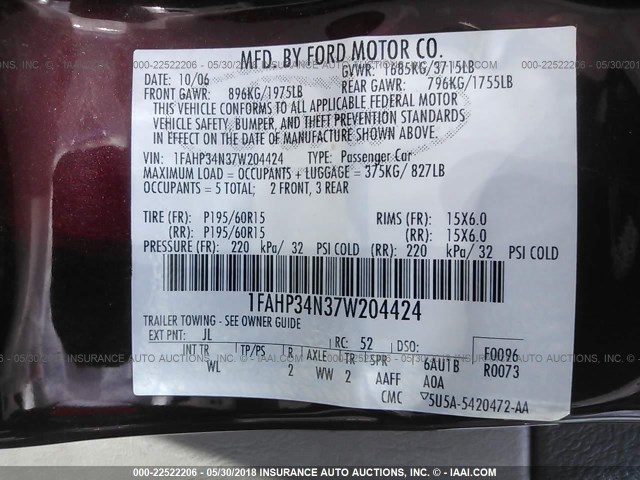 1FAHP34N37W204424 - 2007 FORD FOCUS ZX4/S/SE/SES RED photo 9