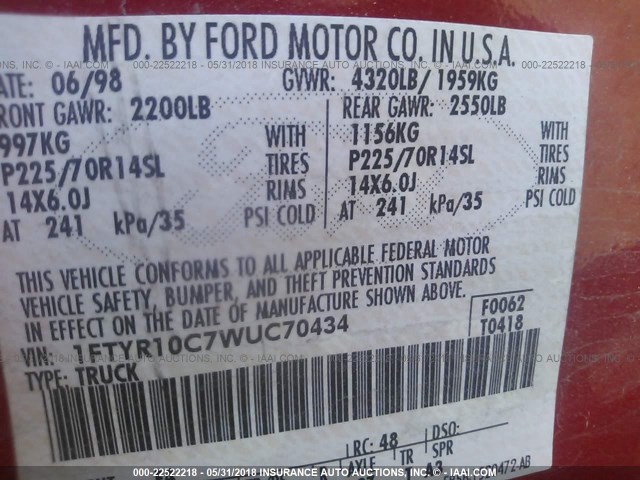 1FTYR10C7WUC70434 - 1998 FORD RANGER RED photo 9